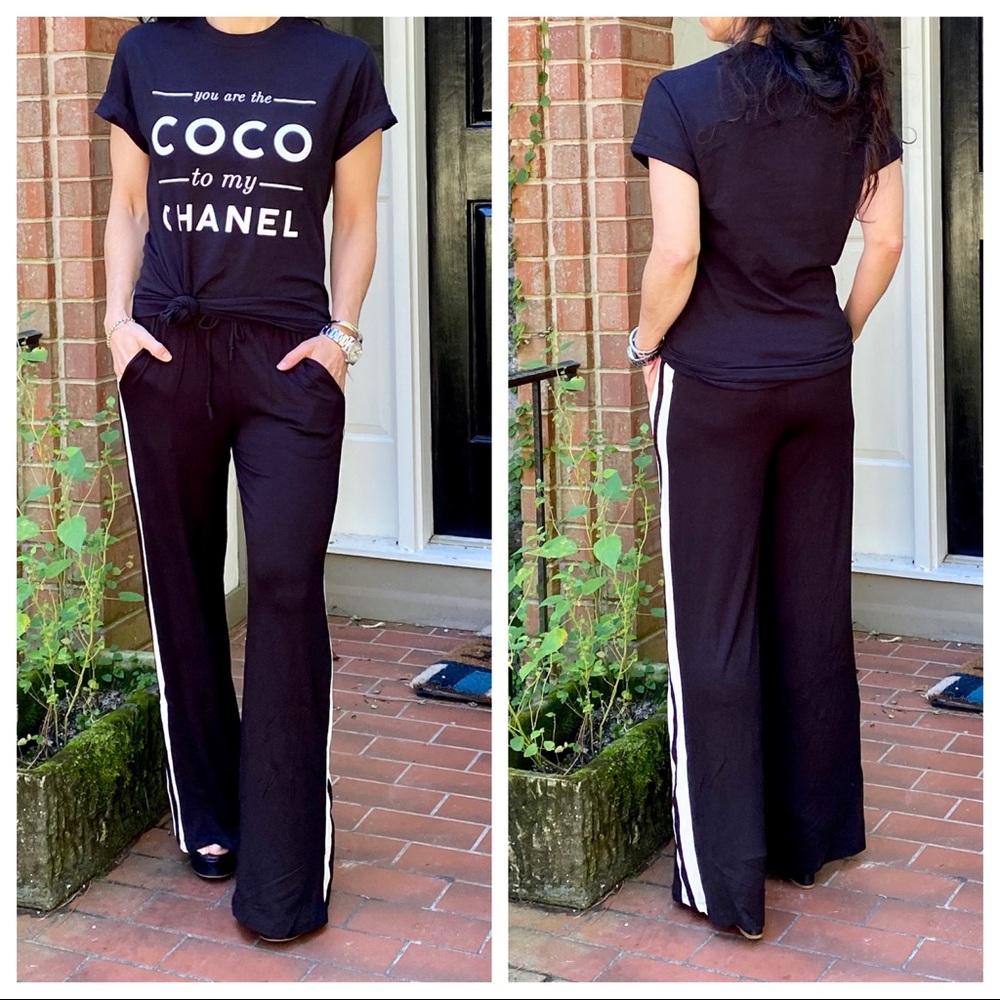 Black wide leg white side striped pants w/pockets - Picture 3 of 10
